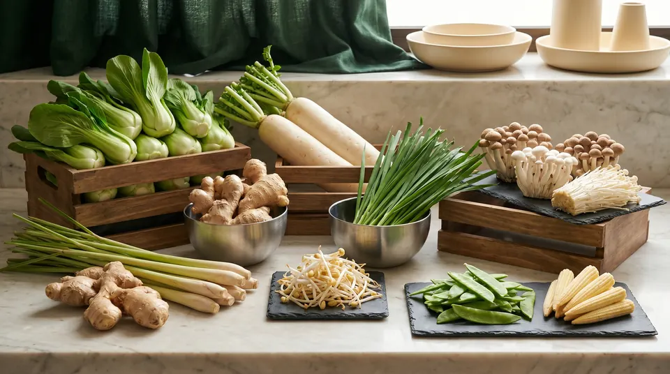 Vegetales orientales como bok choy baby, daikon y jengibre
