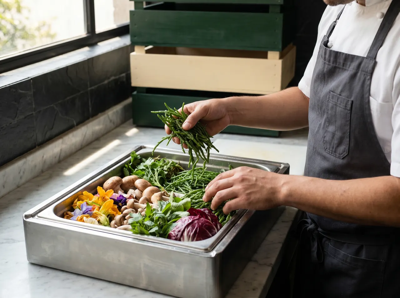 Chef revisando una caja de producto fresco para restaurante
