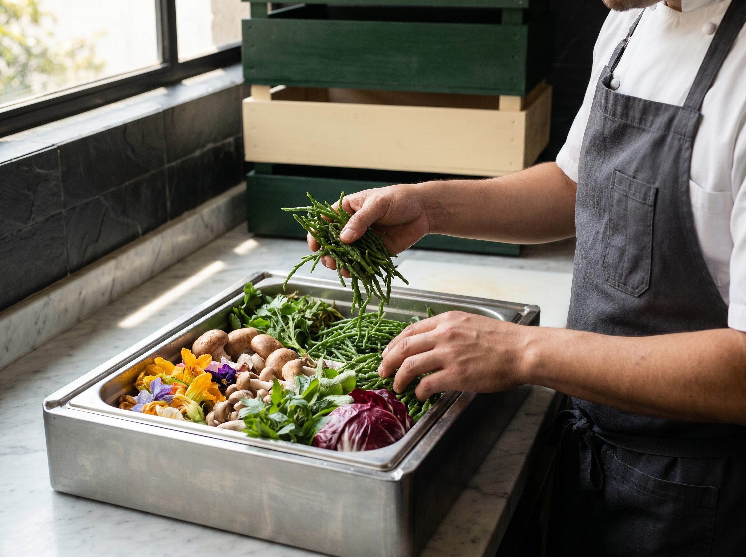 Chef revisando una caja de producto fresco para restaurante